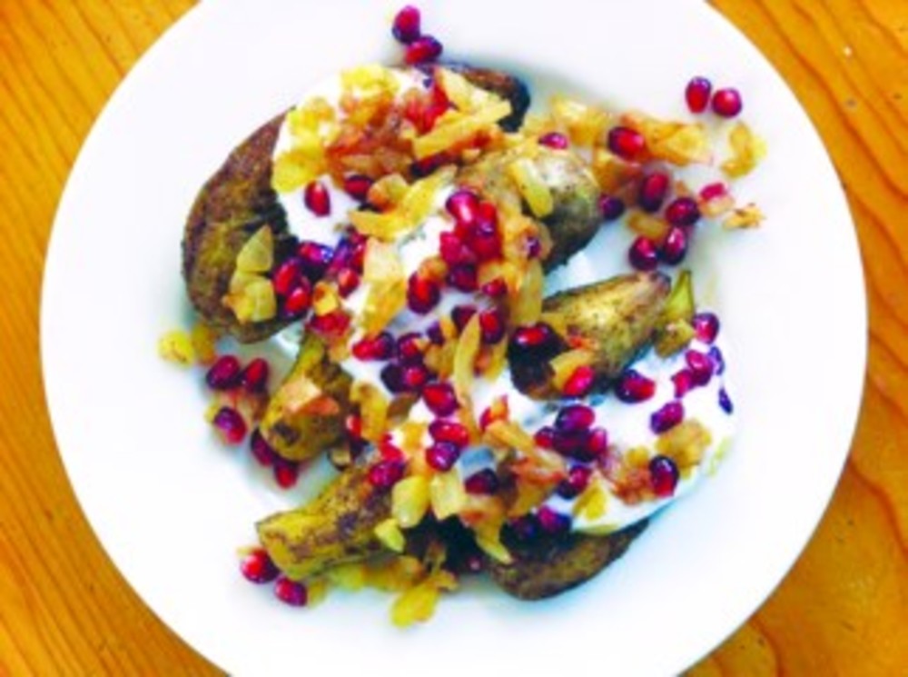 Katzen’s curried eggplant ‘slap-down’ with yogurt, onion relish    and pomegranate. /Mollie Katzen